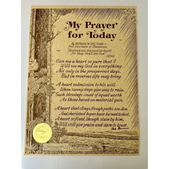Signed 1972 Broadside Poem RICHARD “PEK” GUNN “My Prayer” Poet Laureate of Tenn